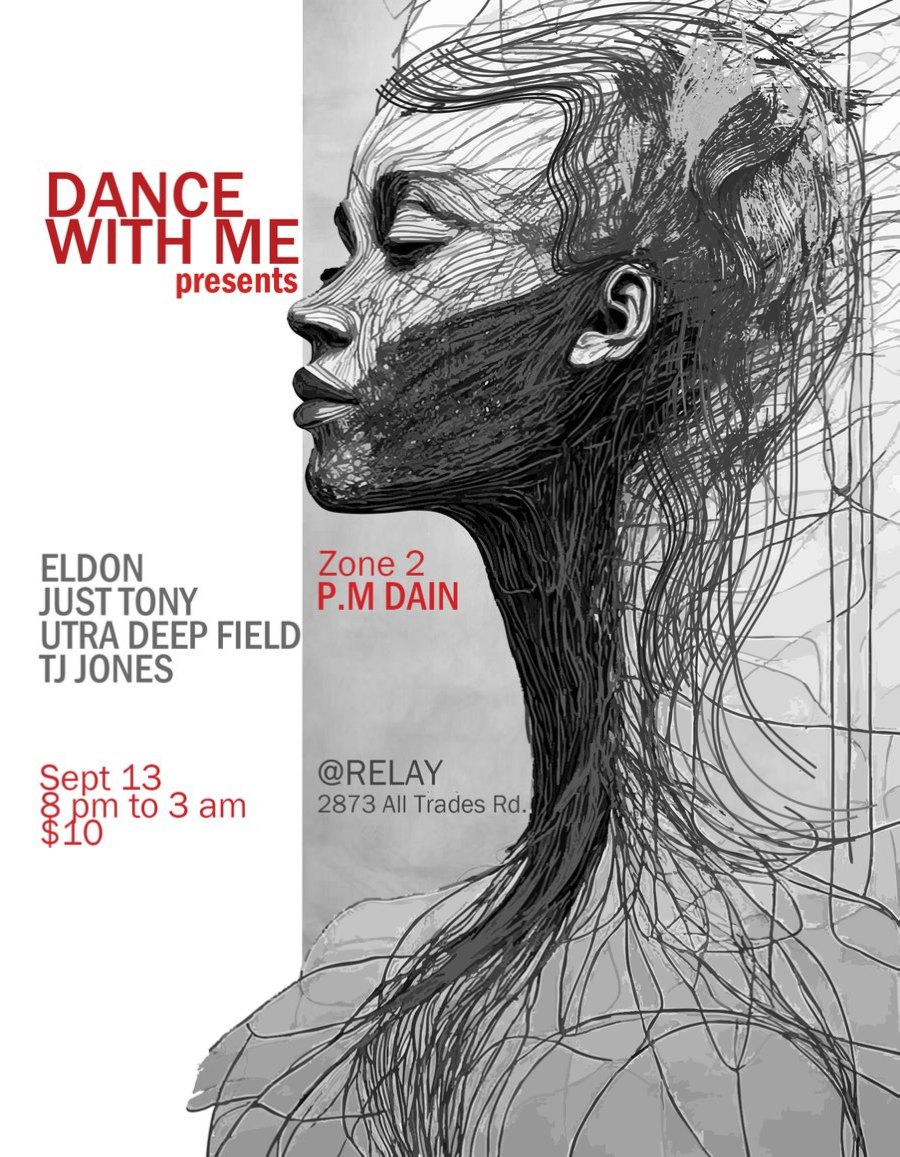 Flyer of a woman in profile drawn in tangled red lines, announcing Eldon, Just Tony, Ultra Deep Field and TJ Jones with P.M Dain in zone 2 at Relay, alternate colorway