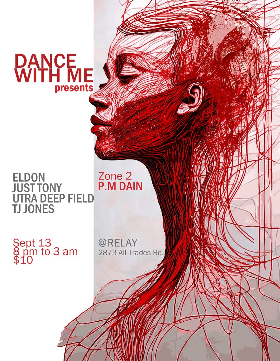 Flyer of a woman in profile drawn in tangled red lines, announcing Eldon, Just Tony, Ultra Deep Field and TJ Jones with P.M Dain in zone 2 at Relay