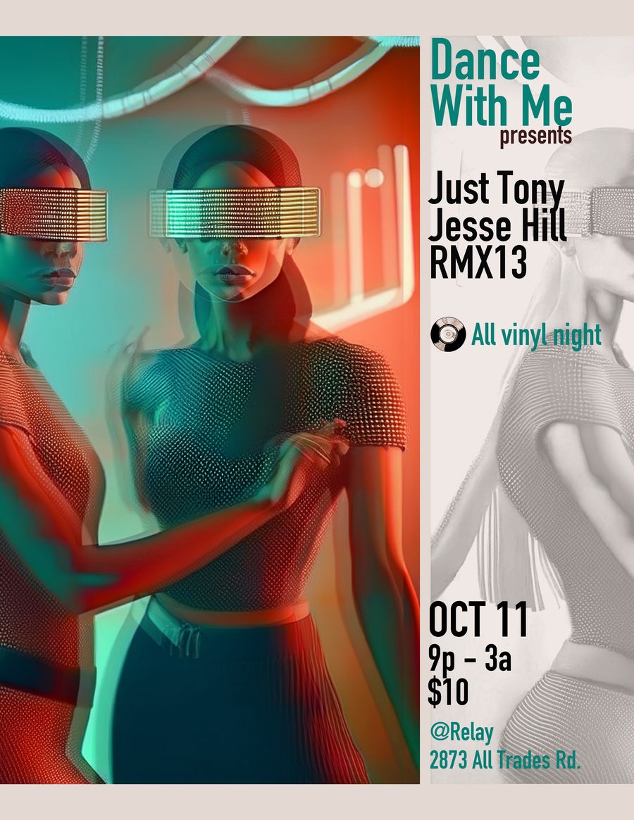 Silver flyer of chrome figures in visor glasses for an all vinyl night with Just Tony, Jesse Hill and RMX13 at Relay, alternate colorway