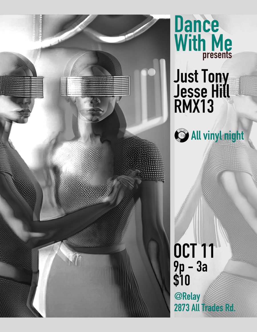 Silver flyer of chrome figures in visor glasses for an all vinyl night with Just Tony, Jesse Hill and RMX13 at Relay