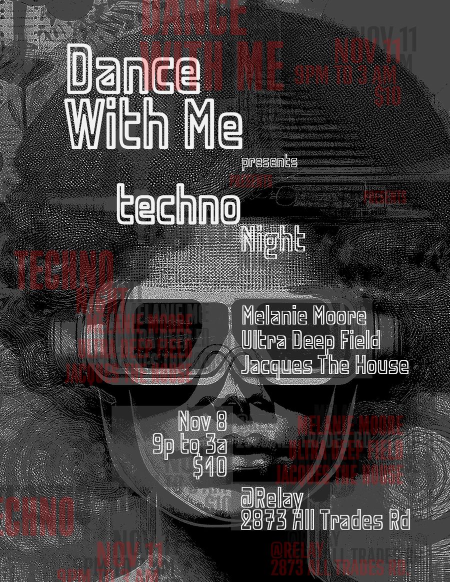 Electric blue glitch flyer of a face in sunglasses for techno night with Melanie Moore, Ultra Deep Field and Jacques The House at Relay, alternate colorway
