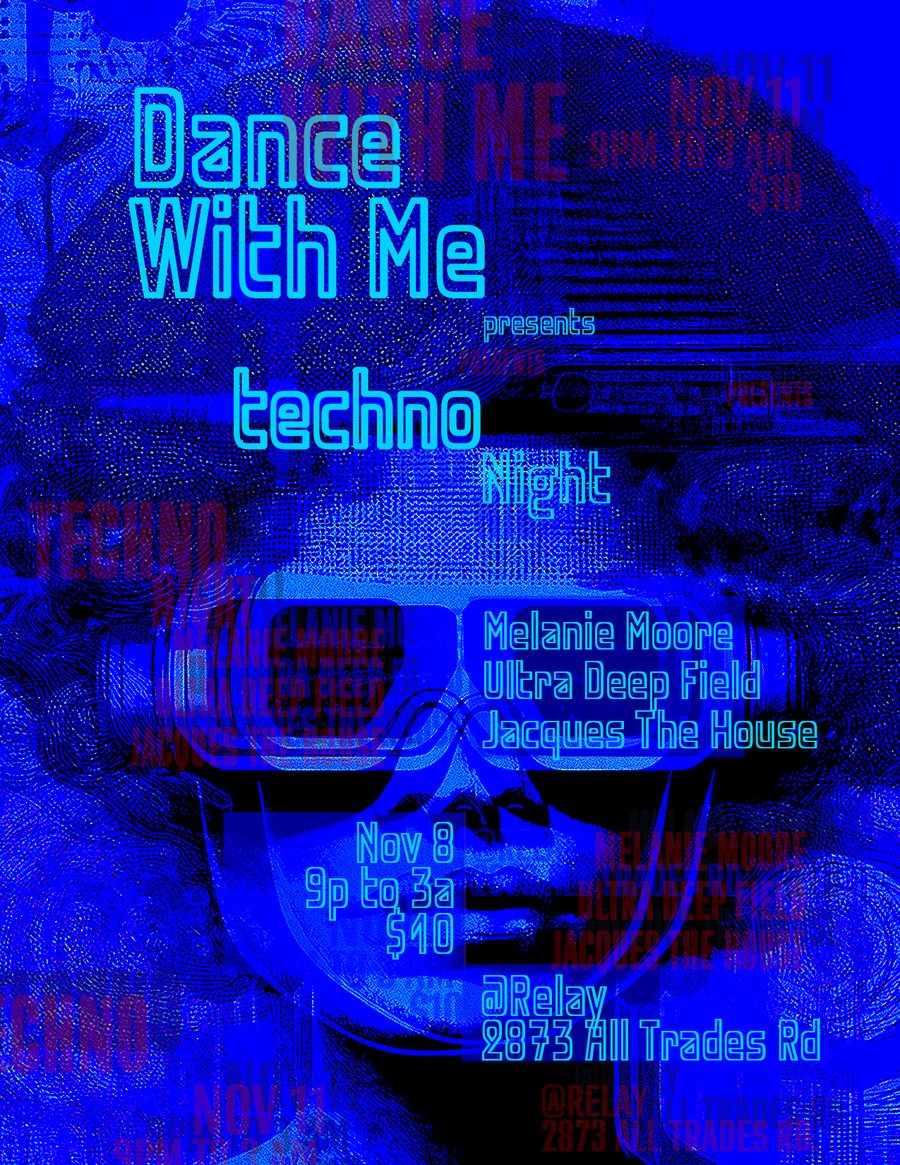 Electric blue glitch flyer of a face in sunglasses for techno night with Melanie Moore, Ultra Deep Field and Jacques The House at Relay