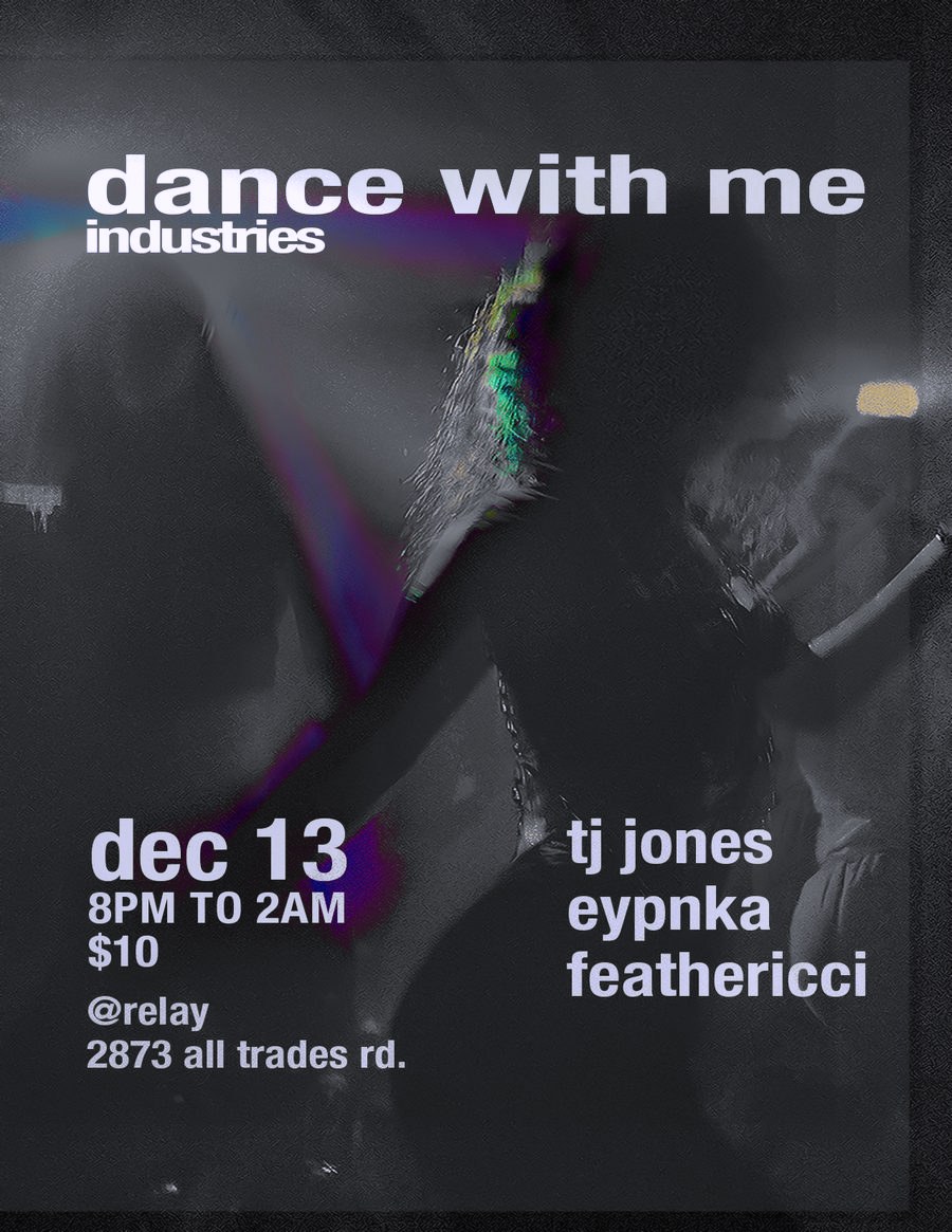Deep red flyer with a blurred dancer and a streak of rainbow light, announcing TJ Jones, Eypnka and Feathericci at Relay, alternate colorway
