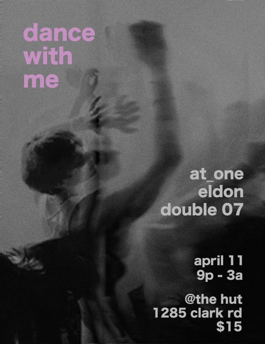 Hazy pink and orange flyer of a dancer with a raised arm, announcing at_one, Eldon and Double 07 at The Hut, alternate colorway