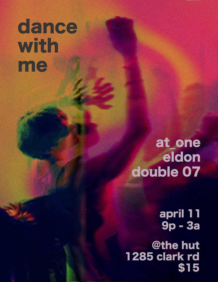 Hazy pink and orange flyer of a dancer with a raised arm, announcing at_one, Eldon and Double 07 at The Hut