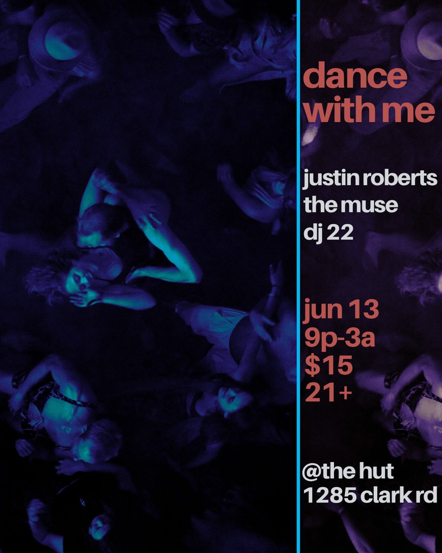Dark blue flyer of dancers seen from above, announcing Justin Roberts, The Muse and dj 22 at The Hut